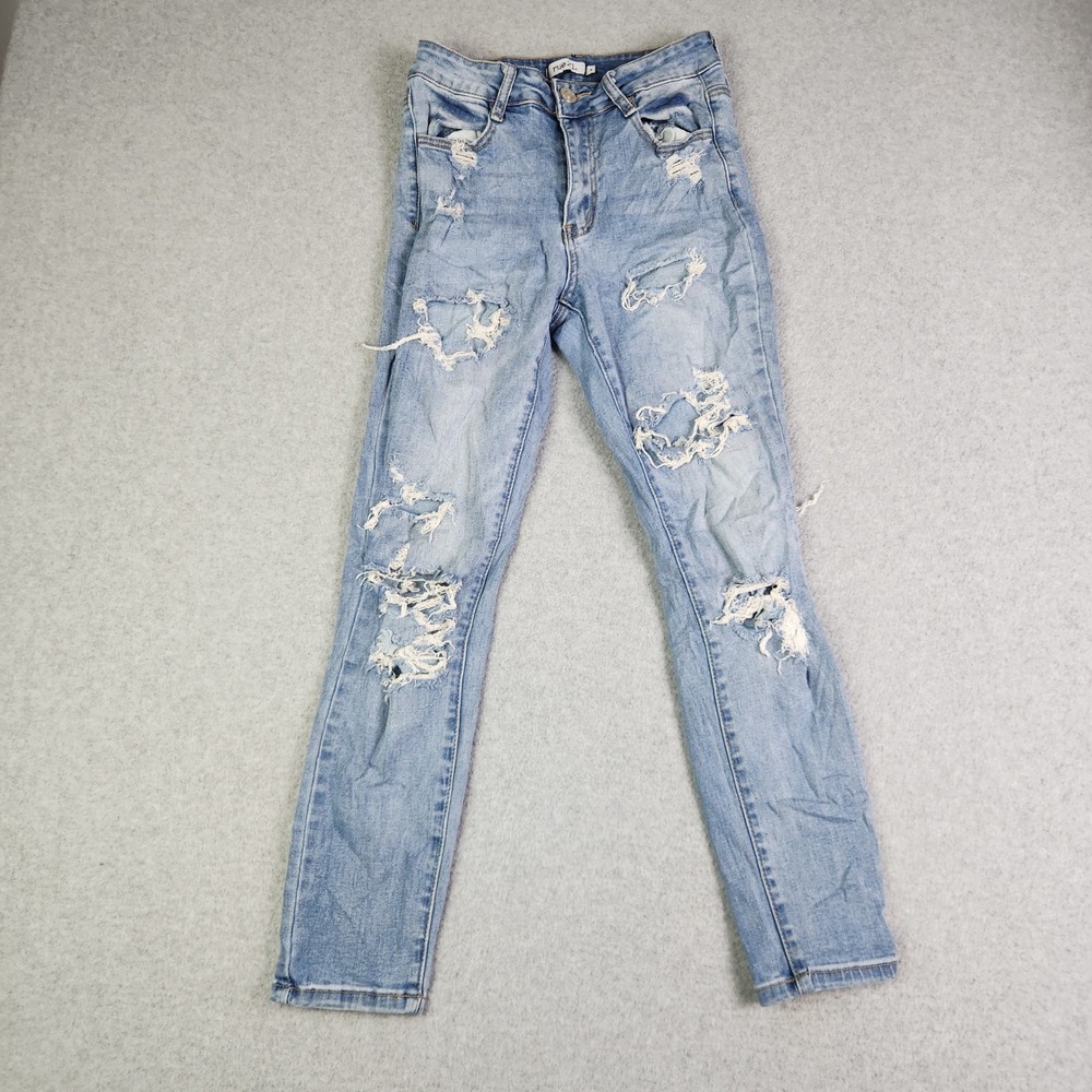 rue21 Jeans Women 4 Blue Denim Light Wash Stretch Mid Rise Distressed Skinny Leg